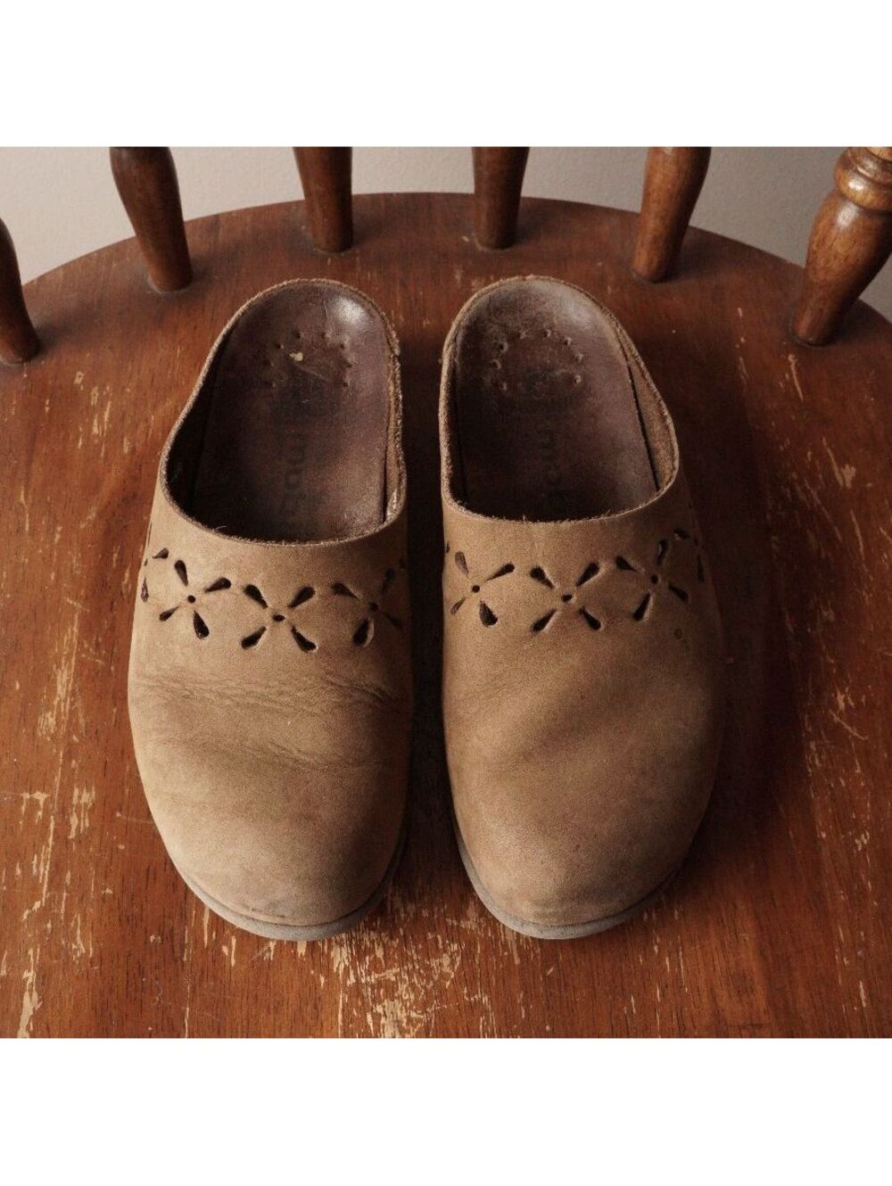 Brown Suede Slip-On Clogs with Floral Cutout Design